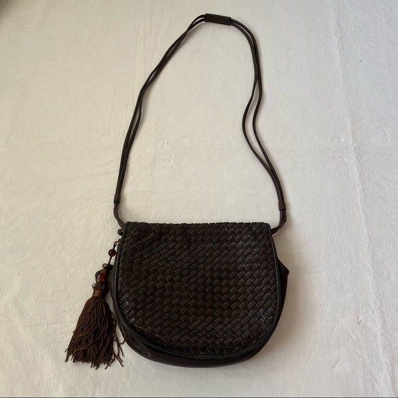 Vintage Ganson brown leather shoulder bag crossbody purse weave pattern tassel - Picture 1 of 11